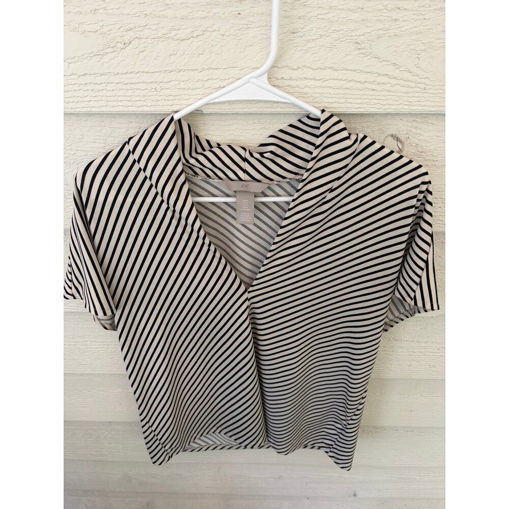 H&M Black & Cream Striped Draped Blouse Top Size Medium Minimalist Chic - Picture 5 of 7